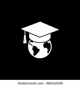 Graduation Cap And Planet Flat Icon On Black Background