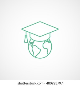 Graduation Cap And Planet Green Line Icon On White Background