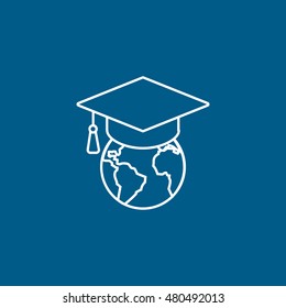 Graduation Cap And Planet  Line Icon On Blue Background