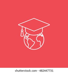 Graduation Cap And Planet Line Icon On Red Background