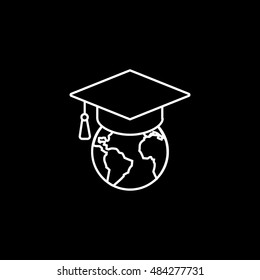 Graduation Cap And Planet Line Icon On Black Background