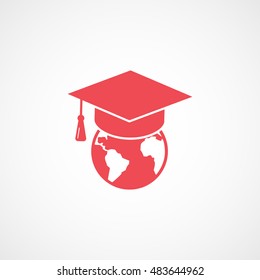 Graduation Cap And Planet Red Flat Icon On White Background
