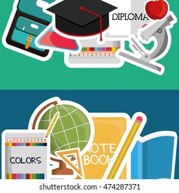 graduation cap planet sphere diploma colors pencil back to shool education  icon set. Colorful and flat design. Vector illustration