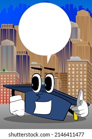 Graduation cap pointing at the viewer with his hand. Education, learning concept with funny hat cartoon character.
