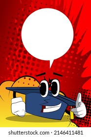Graduation cap pointing at the viewer with his hand. Education, learning concept with funny hat cartoon character.