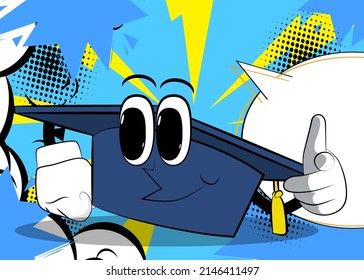 Graduation cap pointing at the viewer with his hand. Education, learning concept with funny hat cartoon character.