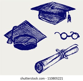 Graduation cap, points and diploma. Doodle style