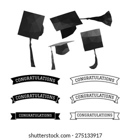 Graduation cap polygon and congratulations element vector