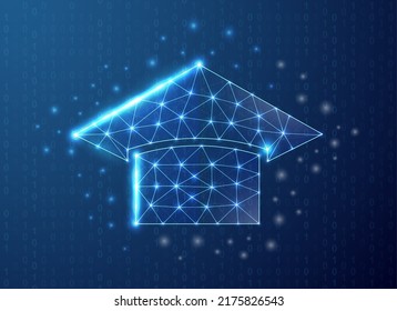 Tapa de graduación símbolo poligonal con fondo de código binario. Ilustración del diseño del concepto de aprendizaje electrónico. Símbolo de baja polilla de aprendizaje en línea