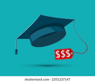 Graduation cap with price tag and dollar sign. Education loan and bribery. vector illustration