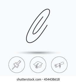 Graduation cap, pushpin and diploma icons. Safety pin linear sign. Linear icons in circle buttons. Flat web symbols. Vector