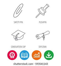Graduation cap, pushpin and diploma icons. Safety pin linear sign. Award medal, growth chart and opened book web icons. Download arrow. Vector