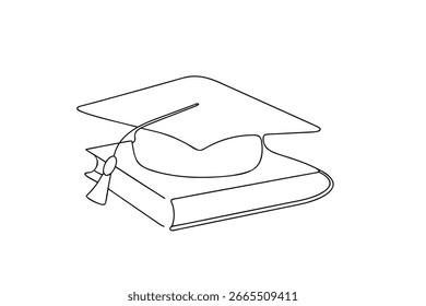 Graduation cap resting a closed book with tassel detail single line education