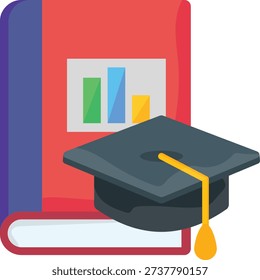Graduation cap resting on a book beside a graph, symbolizing academic achievement and data analysis.