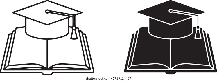 Graduiertenkappe ruhend auf offener Buchlinie Kunst und Silhouette Mörtel akademische Kappe