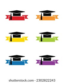 Graduation cap and ribbon. Graduation symbols. Vector illustration. 