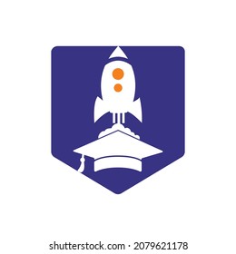 Graduation cap with rocket vector logo design. Rocket learning vector logo template.	