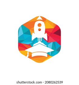 Tapa de graduación con diseño de logotipo vectorial de cohete. Plantilla de logotipo vectorial de aprendizaje de cohetes.	