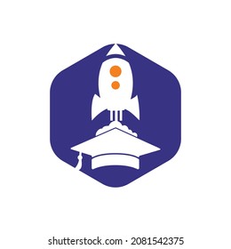 Graduation cap with rocket vector logo design. Rocket learning vector logo template.	