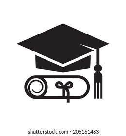 Graduation cap and roll silhouettes, isolated on white background.