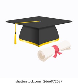 Gorra de graduación y diploma enrollado. Ilustración vectorial de estilo plano