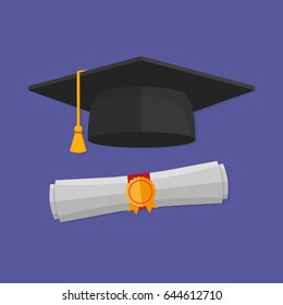Graduation Cap And Rolled Diploma . Flat Style