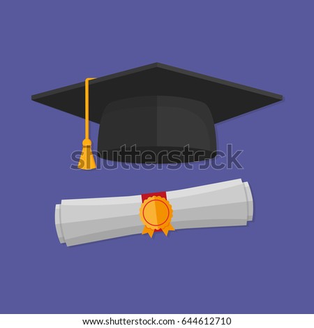 Graduation cap and rolled diploma . Flat style