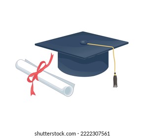 Graduation cap and rolled diploma isolated flat vector illustration.
