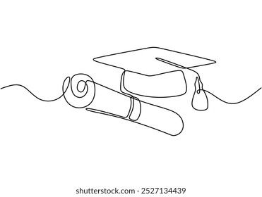 Gorra de graduación y diploma enrollado en un dibujo de línea continua. Representación de hitos educativos. Ilustración dibujada a mano para el éxito académico.