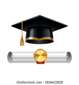 Graduation Cap And Rolled Diploma Scroll With Stamp. Finish Education Concept. Academic Hat With Tassel And University Degree Certificate. Vector Illustration For Announcement Banner Poster Or Flyer