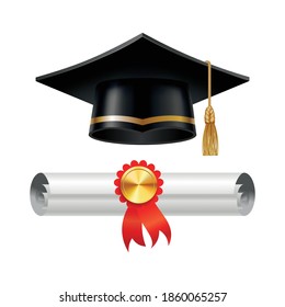 Graduation Cap And Rolled Diploma Scroll With Stamp. Finish Education Concept. Academic Hat With Tassel And University Degree Certificate. Vector Illustration For Announcement Banner Poster Or Flyer