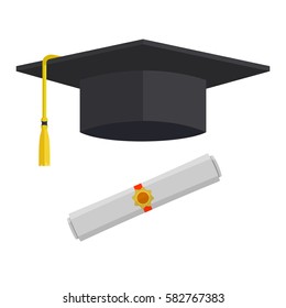 Graduation Cap And Rolled Diploma Scroll With Stamp. Finish Education Concept. Flat Style Vector Illustration Isolated On White Background.