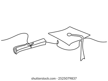 Graduation Cap and rolled paper one line drawing. Minimalist design for education and graduate events.