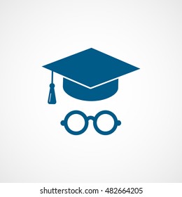 Graduation Cap And Round Glasses Blue Flat Icon On Light Background