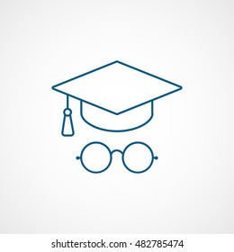 Graduation Cap And Round Glasses Blue Line Icon On White Background