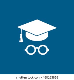 Graduation Cap And Round Glasses Flat Icon On Blue Background