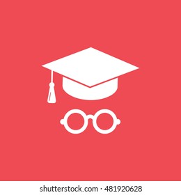Graduation Cap And Round Glasses Flat Icon On Red Background