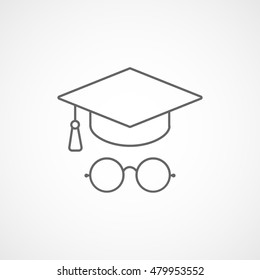 Graduation Cap And Round Glasses Line Icon On White Background