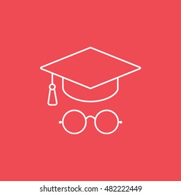 Graduation Cap And Round Glasses Line Icon On Red Background