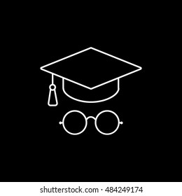 Graduation Cap And Round Glasses Line Icon On Black Background