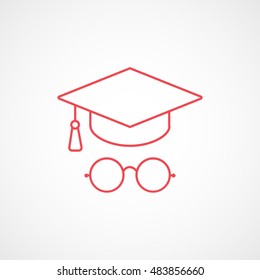 Graduation Cap And Round Glasses Red Flat Icon On White Background