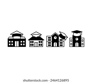 graduation cap with school building icons vector design simple black white illustration collections template sets