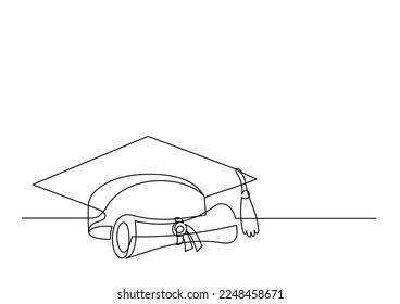 Graduation cap and scroll. Continuous line drawing. 