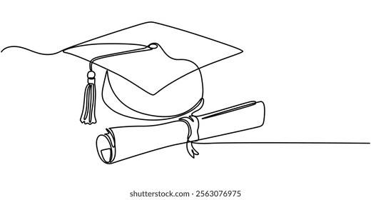 Graduation cap and scroll. Continuous line drawing, One continuous line drawing of graduation hat, certificate, and graduation letter paper roll. Academical graduation hat equipment element icon.