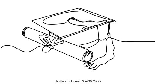 Graduation cap and scroll. Continuous line drawing, One continuous line drawing of graduation hat, certificate, and graduation letter paper roll. Academical graduation hat equipment element icon.