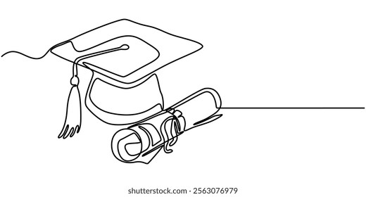 Graduation cap and scroll. Continuous line drawing, One continuous line drawing of graduation hat, certificate, and graduation letter paper roll. Academical graduation hat equipment element icon.