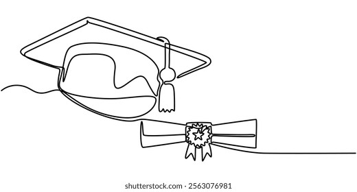 Graduation cap and scroll. Continuous line drawing, One continuous line drawing of graduation hat, certificate, and graduation letter paper roll. Academical graduation hat equipment element icon.