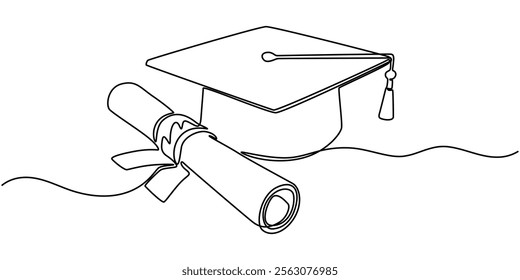 Graduation cap and scroll. Continuous line drawing, One continuous line drawing of graduation hat, certificate, and graduation letter paper roll. Academical graduation hat equipment element icon.