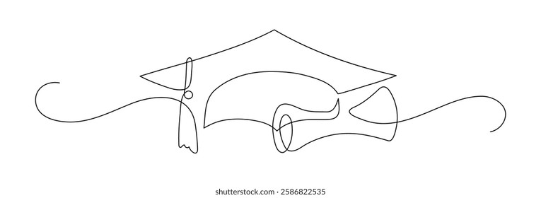 Graduation cap and scroll. Continuous line drawing. 