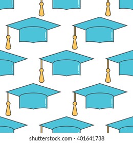 Graduation cap seamless background. Higher education celebration anniversary symbol linear pattern. Colorful graduate hat texture backdrop. Vector outline illustration